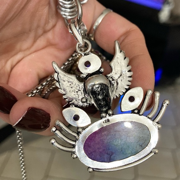 925 sterling silver overlay amethyst & rainbow solar quartz boho skull necklace - Picture 5 of 11